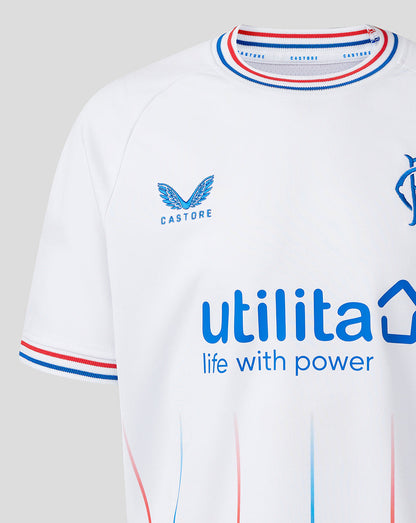 Hem side vent detail with red interior on Rangers Junior 23/24 Away Shirt white fabric