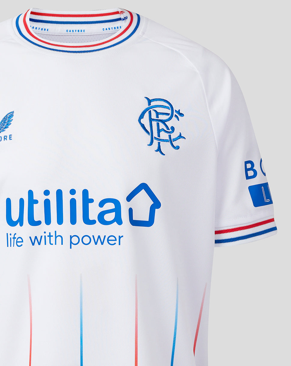 Rangers Junior 23/24 Away Shirt front view with club crest left chest and blue utilita sponsor across white fabric
