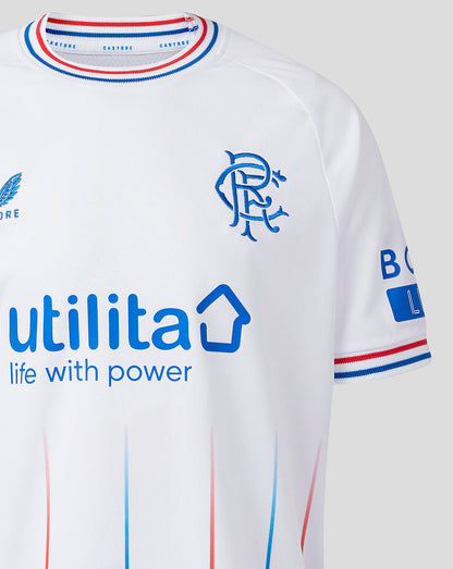 Rangers Junior 23/24 Away Shirt front view with club crest left chest and blue utilita sponsor across white fabric
