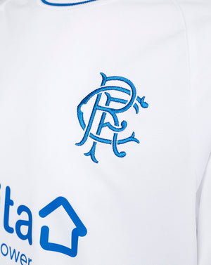Close-up of white Rangers jersey fabric showing blue embroidered club crest