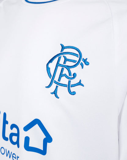 Close-up of white Rangers jersey fabric showing blue embroidered club crest
