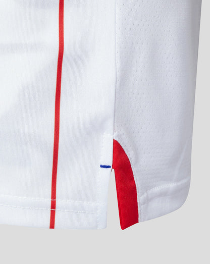 Close up of side hem vent on Rangers Junior 23/24 Away Shirt showing red trim on white fabric