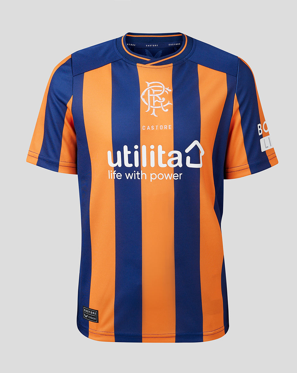 Front view of Rangers Junior 23/24 third shirt with blue and orange vertical stripes and Utilita sponsor