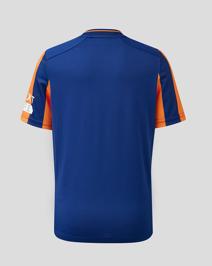 Back view of Rangers Junior 23/24 Third Shirt with solid blue body and orange sleeve panels