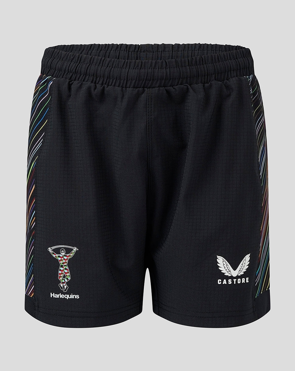 Youth 23/24 Replica Pride shorts in black with rainbow side stripes, Harlequins crest on the left and Castore logo on the right