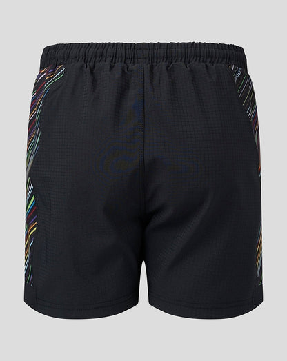 Back view of Youth 23/24 Replica Pride Shorts with rainbow trim along the sides on black fabric
