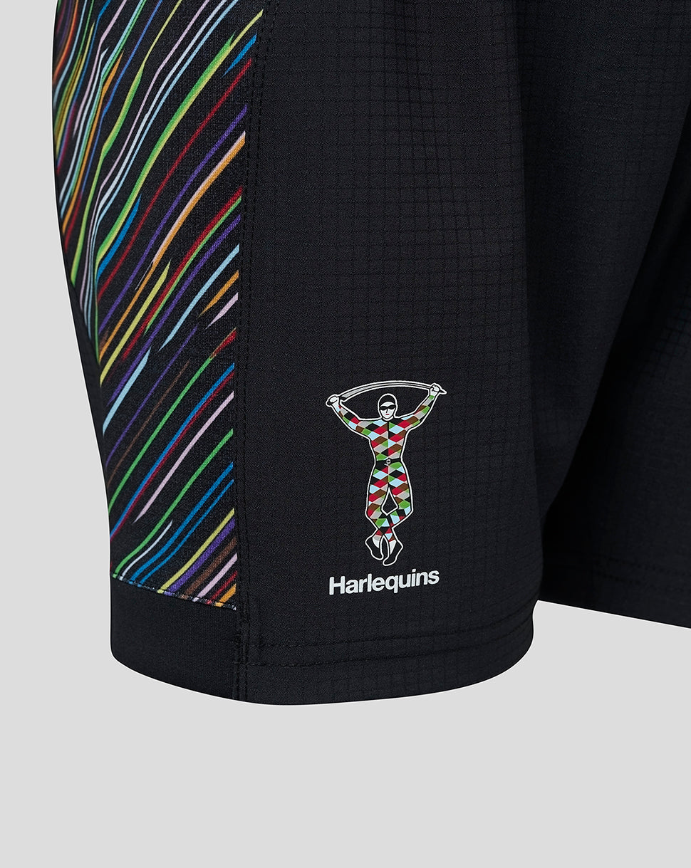 Youth 23/24 Replica Pride Shorts close up shows rainbow side panel and Harlequins logo on black fabric