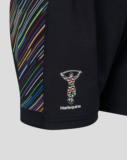 Youth 23/24 Replica Pride Shorts close up shows rainbow side panel and Harlequins logo on black fabric