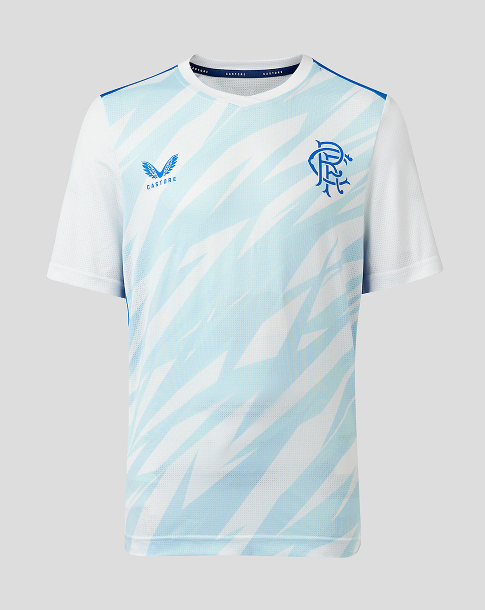 Rangers Junior 23/24 match day T shirt with light blue diagonal pattern and club crest on the chest