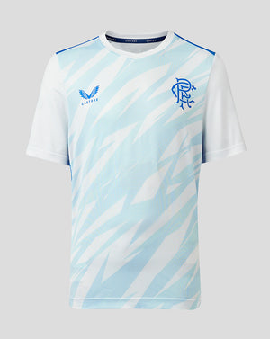 Rangers Junior 23/24 match day T shirt with light blue diagonal pattern and club crest on the chest