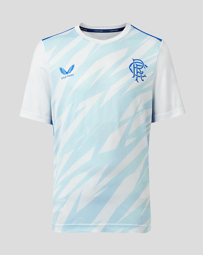 Rangers Junior 23/24 match day T shirt with light blue diagonal pattern and club crest on the chest