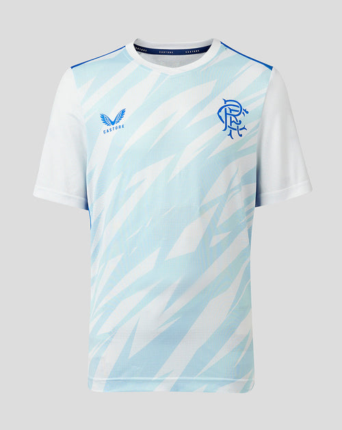 Rangers Junior 23/24 match day T shirt with light blue diagonal pattern and club crest on the chest