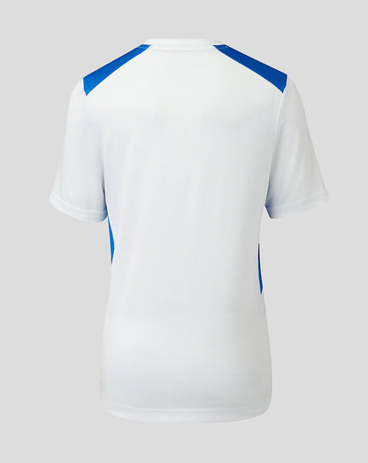 Back view of white Rangers match day T-shirt with blue shoulder panels.