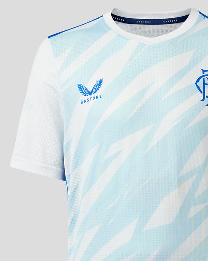 Front view of light blue diagonal stripe Rangers match day tee with Castore branding.