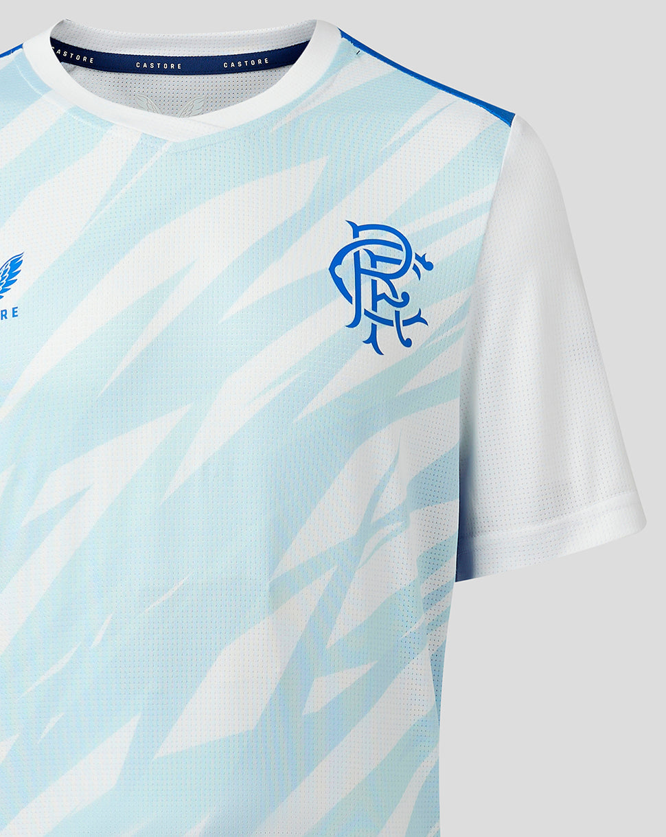 Rangers Junior 23/24 match day T-shirt with light blue and white geometric print and blue club crest