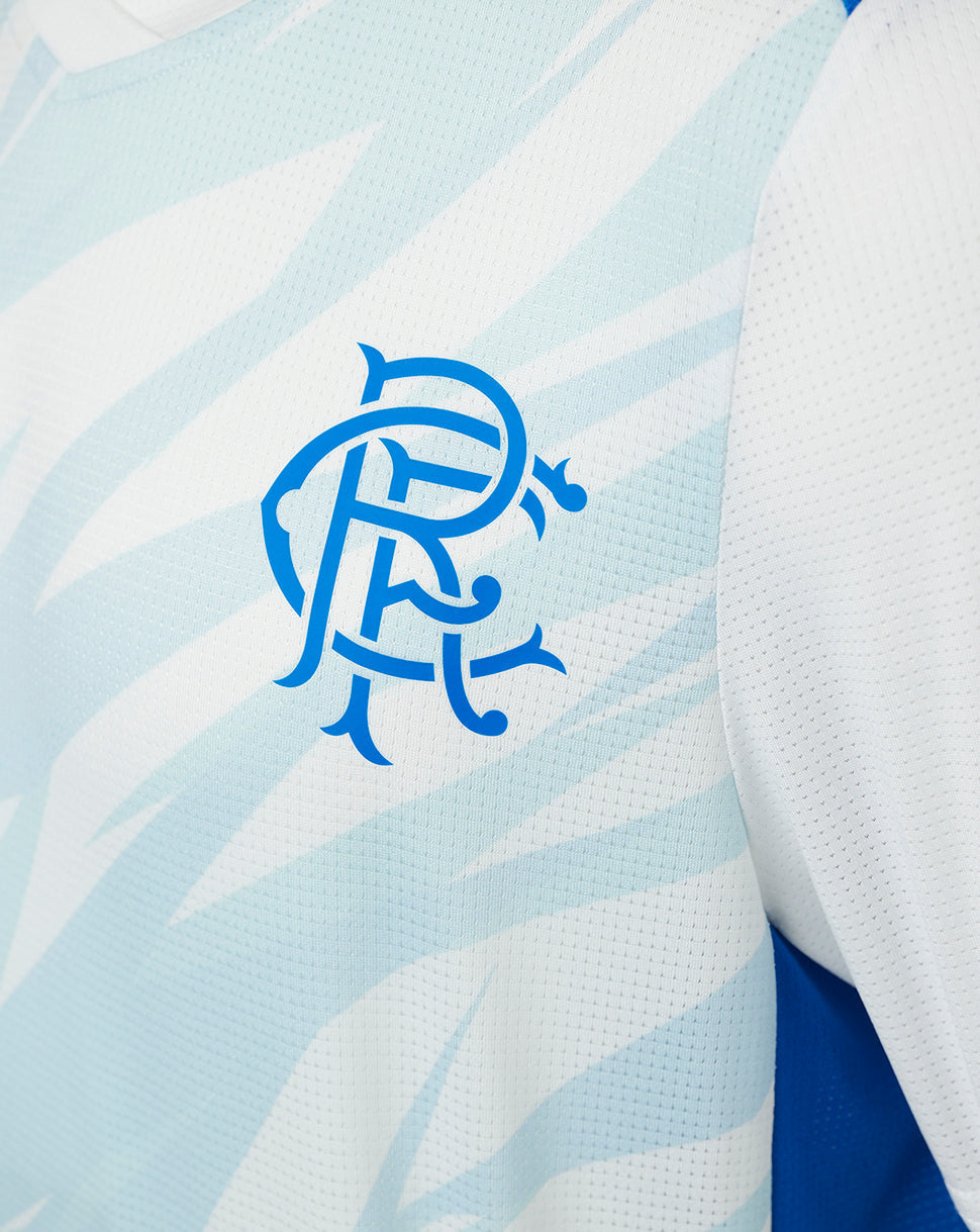 Rangers crest on light blue and white striped match day tee fabric.