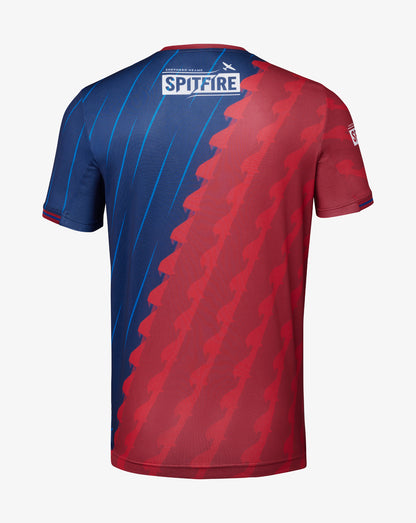 Back view of red Kent Spitfires T20 shirt with navy left panel and diagonal pattern.