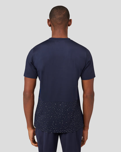 Rear view of navy performance running T shirt with white speckle pattern across the lower back for Oracle Red Bull Racing