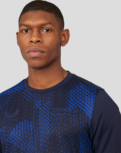 Male model wearing Oracle Red Bull Racing Night Sky performance running T-shirt with round neck and chest logo.