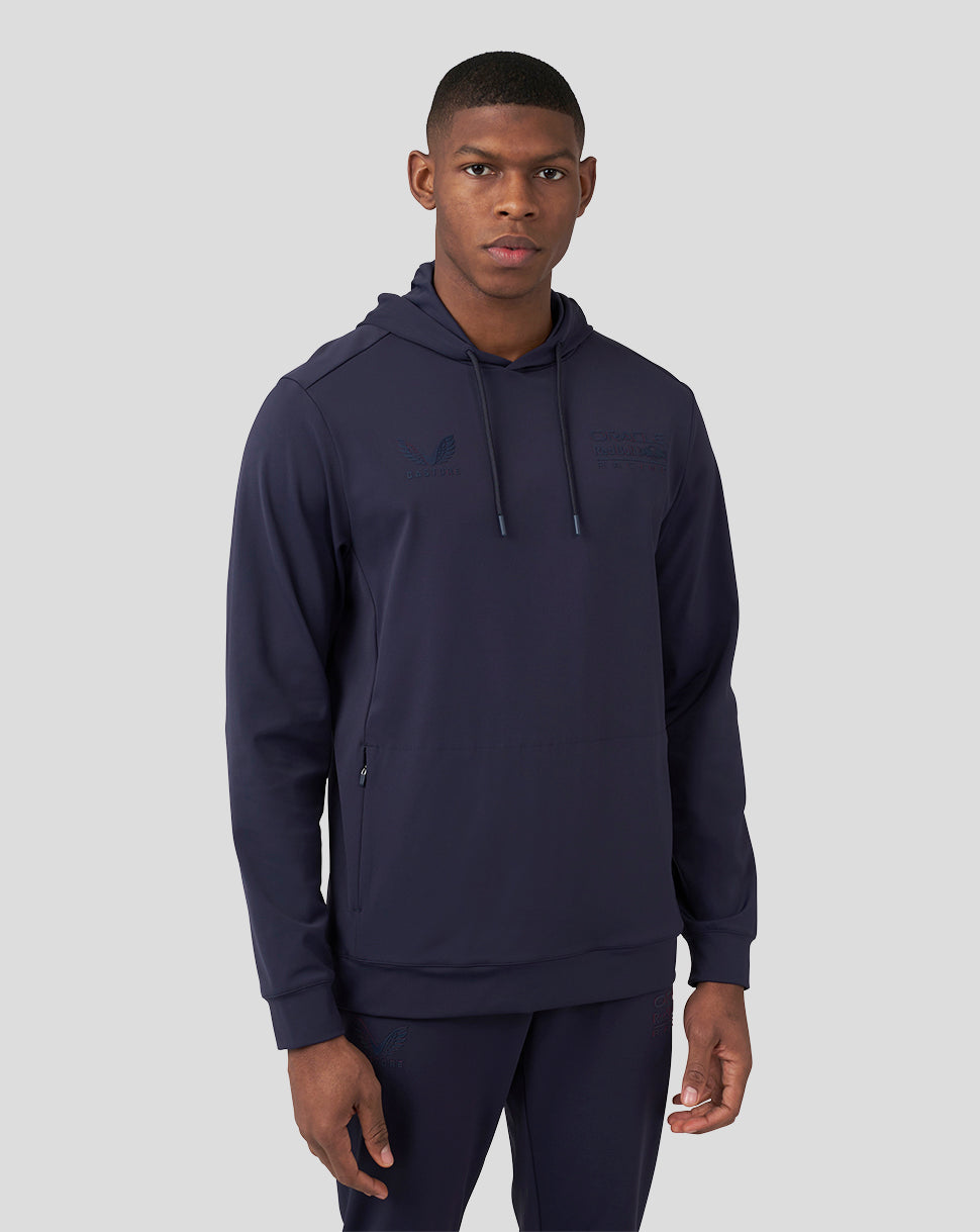 Front view of navy Night Sky Oracle Red Bull Racing Performance men's overhead hoodie with chest logos and drawstring hood
