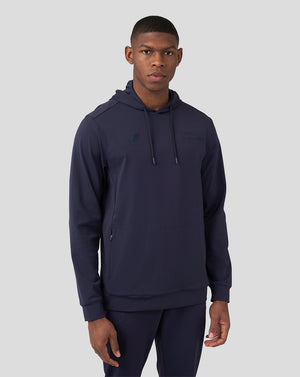 Front view of navy Night Sky Oracle Red Bull Racing Performance men's overhead hoodie with chest logos and drawstring hood