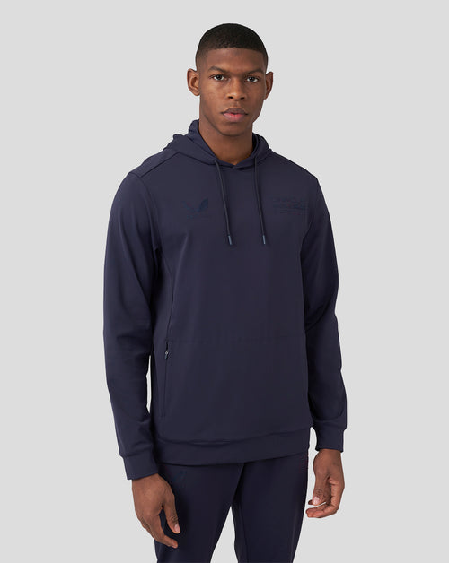 Front view of navy Night Sky Oracle Red Bull Racing Performance men's overhead hoodie with chest logos and drawstring hood