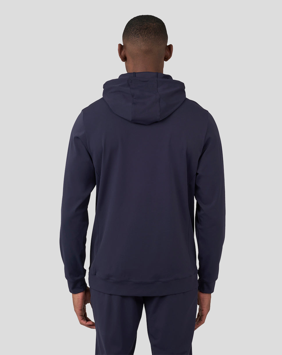 Back view of navy Night Sky overhead hoodie showing hood and clean back silhouette