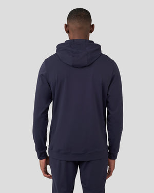 Back view of navy Night Sky overhead hoodie showing hood and clean back silhouette