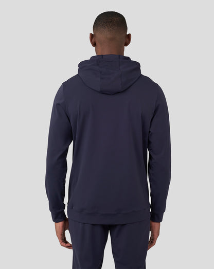 Back view of navy Night Sky overhead hoodie showing hood and clean back silhouette