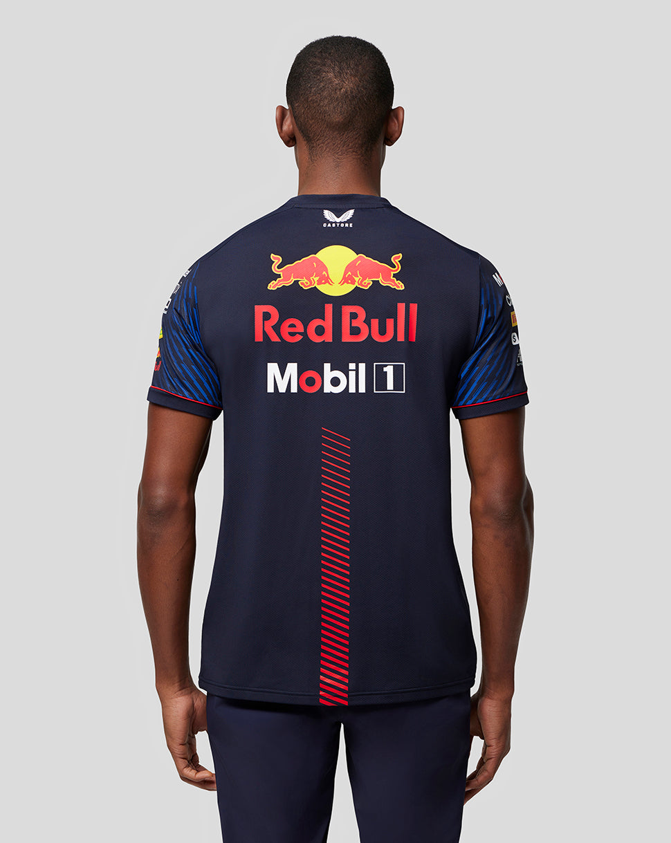 Back view of navy blue Red Bull Racing Set Up T shirt Night Sky with large sponsor logos on the back