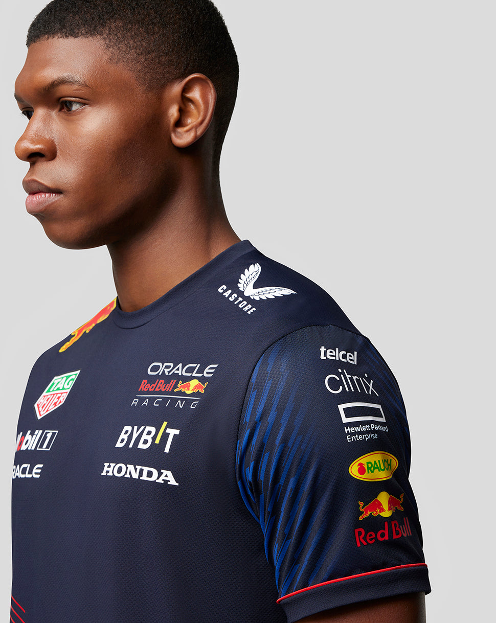 Shoulder and chest close-up of the Set Up T-Shirt with branding and sponsor logos.