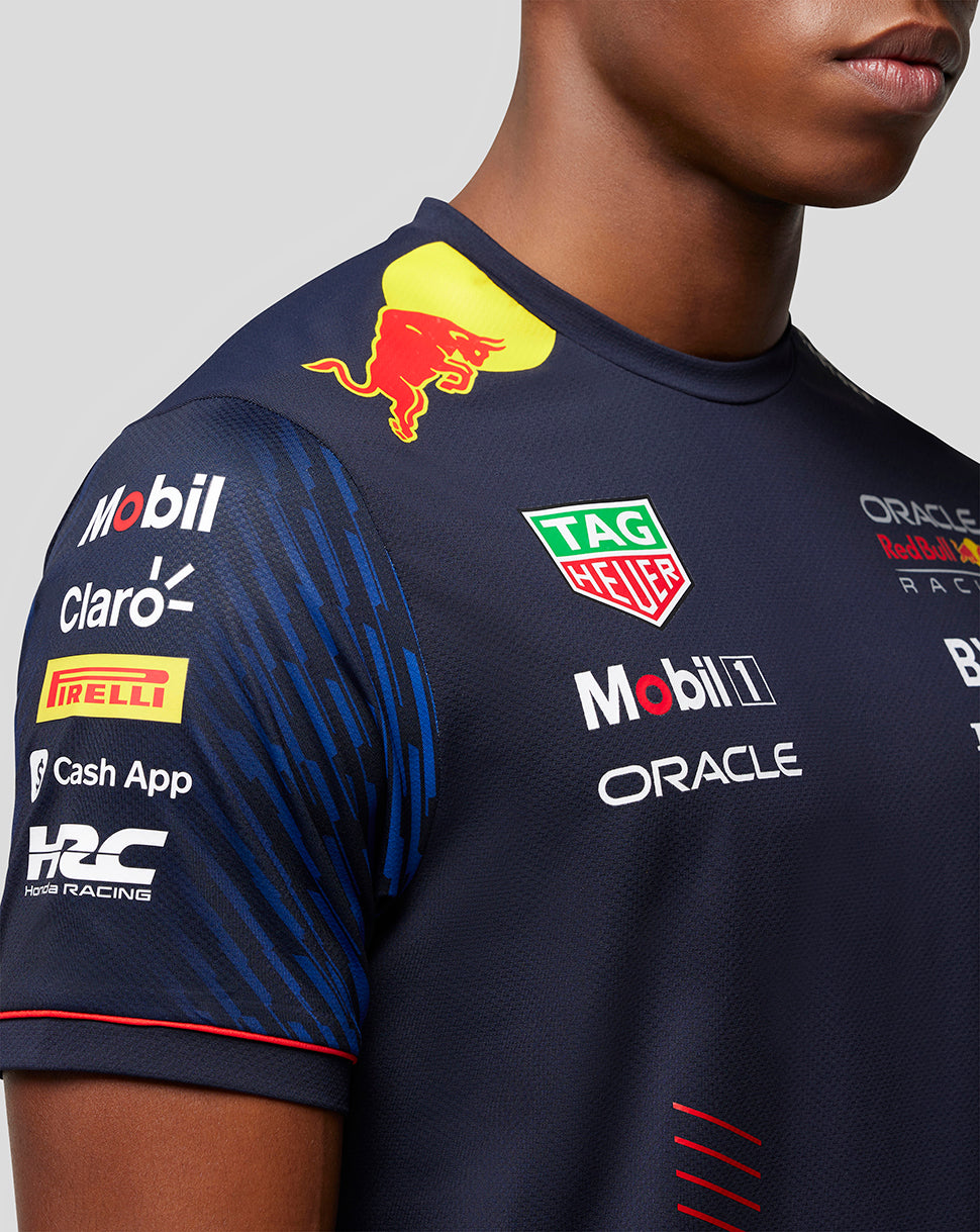 Close-up of navy Oracle Red Bull Racing Set Up T Shirt with sponsor logos on chest and sleeve