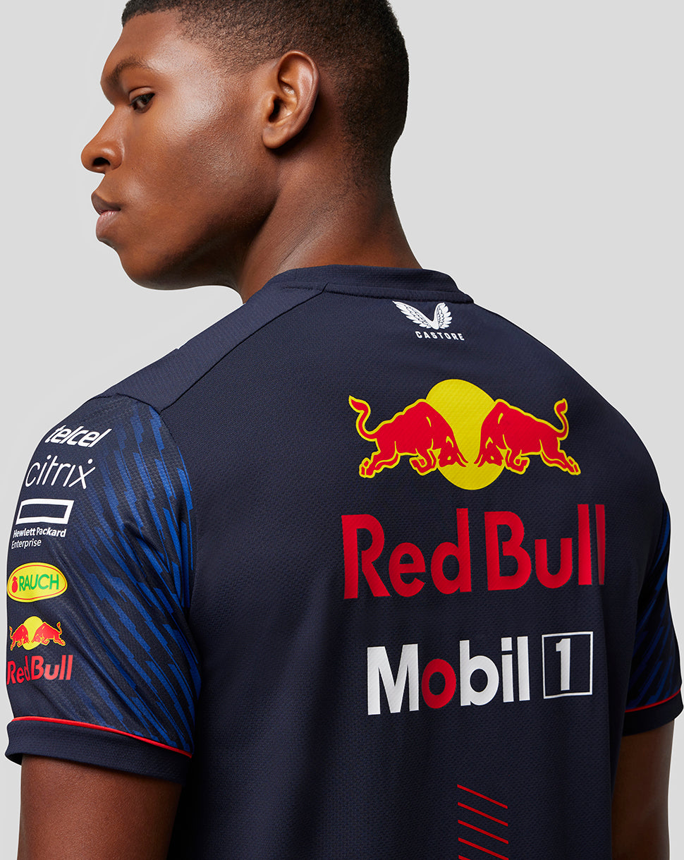 Back view of navy Oracle Red Bull Racing Set Up T Shirt with large Red Bull logo on the back
