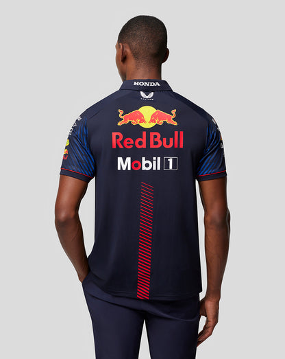 Back view of navy Castore x Oracle Red Bull Racing polo showing the large Red Bull logo and Mobil 1 sponsorship.