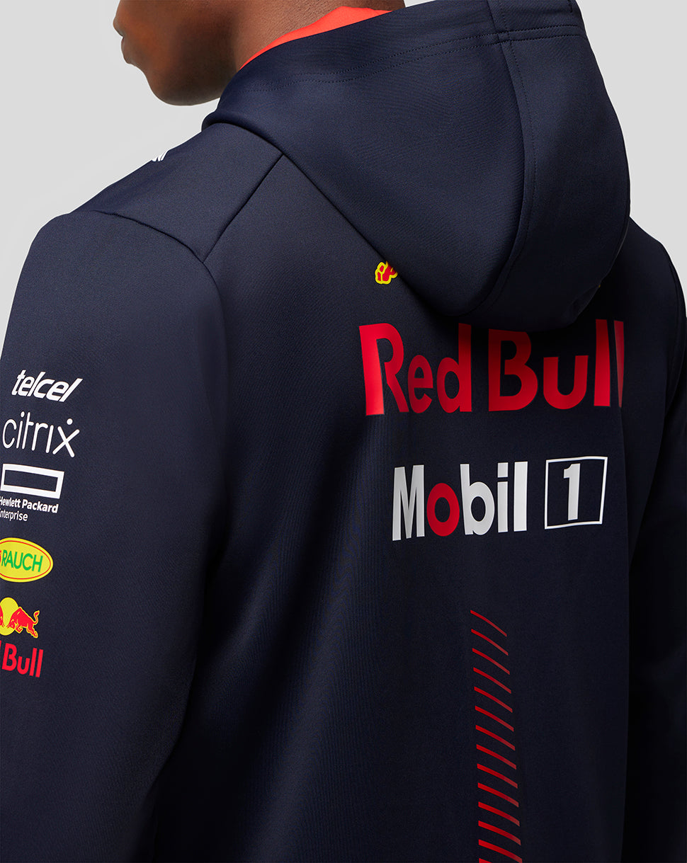Back view of navy Oracle Red Bull Racing hoodie with large Red Bull logo on the back and sponsor decals on the sleeve.
