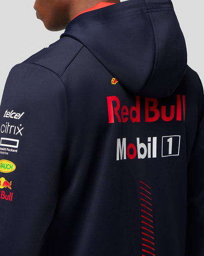 Back view of navy Oracle Red Bull Racing hoodie with large Red Bull logo on the back and sponsor decals on the sleeve.