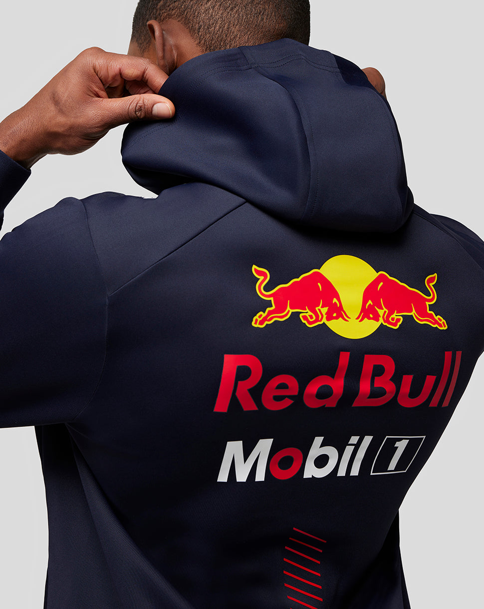 Navy Oracle Red Bull Racing hoodie shown from the back with large Red Bull logo and Mobil 1 branding