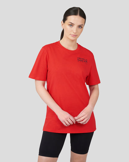 Model wearing flame scarlet Oracle Red Bull Racing Core T Shirt with front logo and large back logo