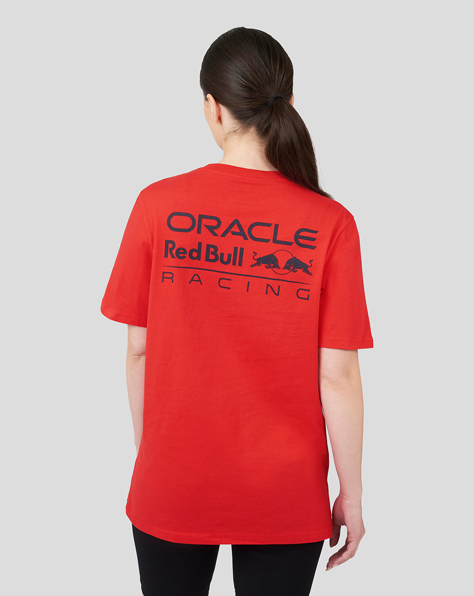Back view of flame scarlet Oracle Red Bull Racing Core T-shirt with a large back logo