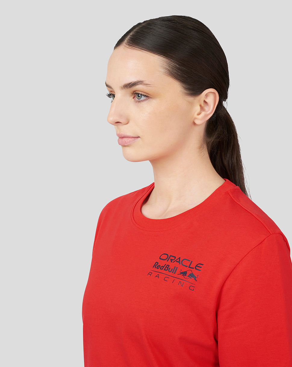 Full upper body shot of a male model in flame scarlet Oracle Red Bull Racing Core T shirt with front logo