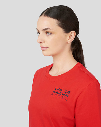 Full upper body shot of a male model in flame scarlet Oracle Red Bull Racing Core T shirt with front logo