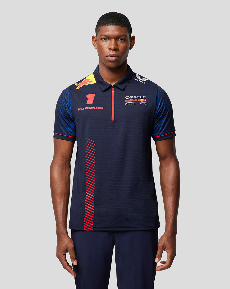 Front view of a male model wearing a navy Oracle Red Bull Racing polo with Verstappen branding and sponsor logos.
