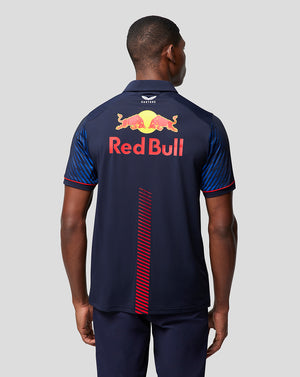 Back view of navy Oracle Red Bull Racing polo with large Red Bull logo and Castore branding at the neck.