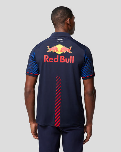 Back view of navy Oracle Red Bull Racing polo with large Red Bull logo and Castore branding at the neck.