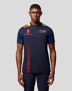 Male model wearing navy Oracle Red Bull Racing Max Verstappen T shirt with number 1 and logo
