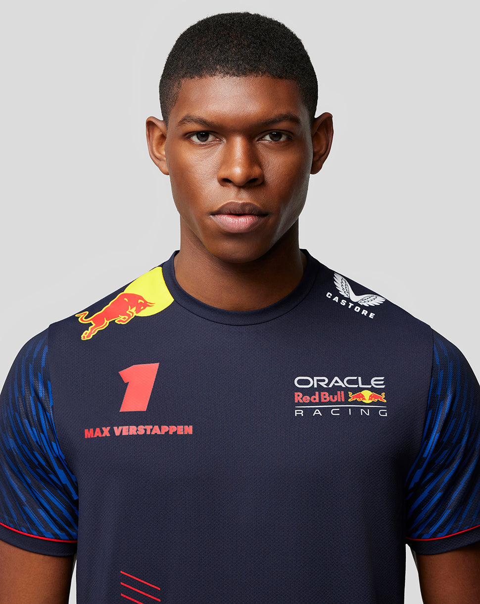 Close up of male model in navy Max Verstappen T shirt showing Verstappen branding on the chest