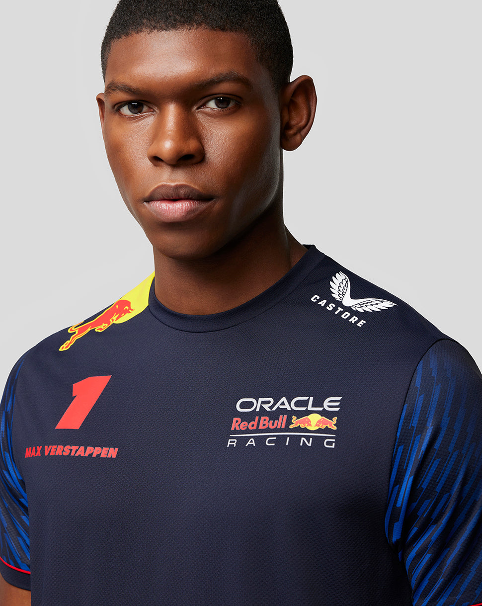Front view of a navy Oracle Red Bull Racing T shirt with number 1 and Verstappen name on the left chest and team logos on the right.
