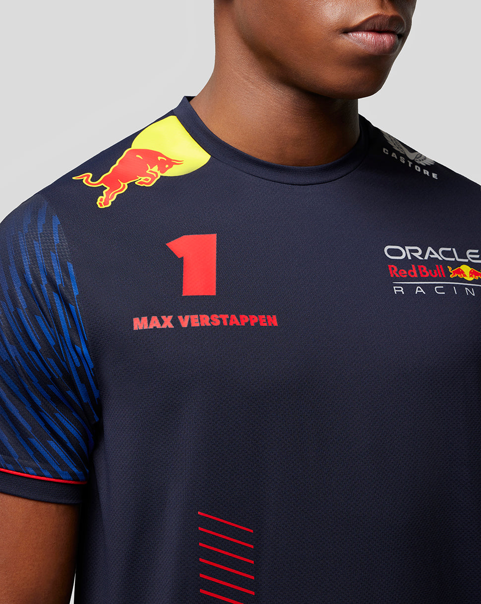 Left chest view of a navy Red Bull Racing T shirt showing bold red number 1 and Max Verstappen name.