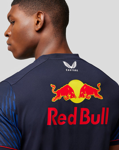Back view of a navy Oracle Red Bull Racing T shirt with a white Castore crest and large Red Bull graphic on the back.