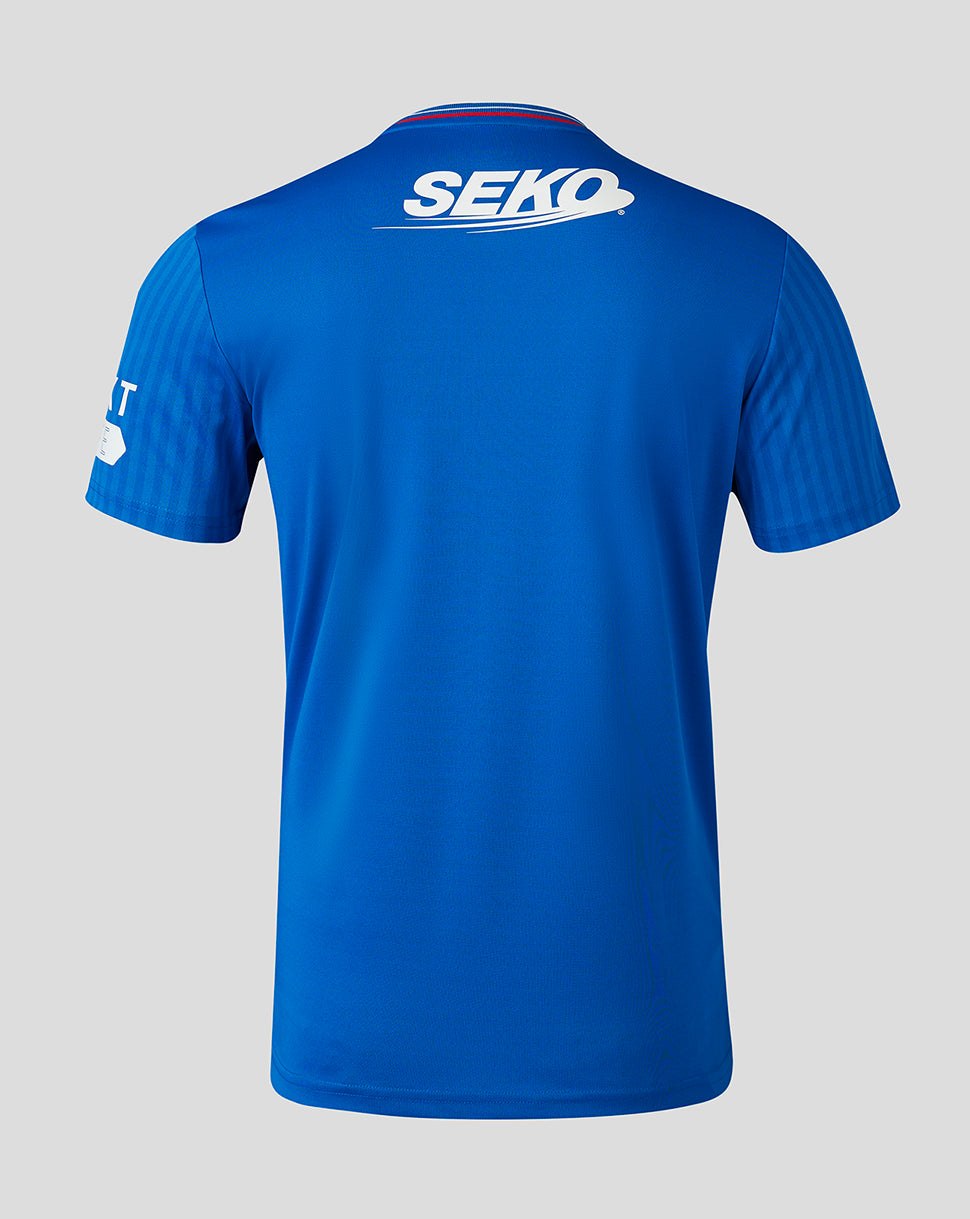 Back view of bright blue Rangers 23/24 home shirt with white SEKO logo across the upper back